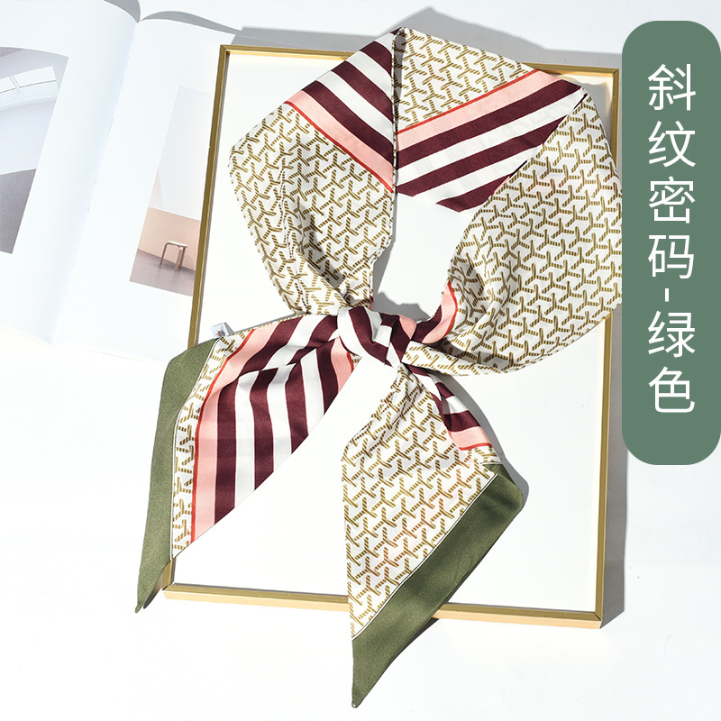 美帮汇新款首周两件5折 长条小丝巾女春秋薄搭西装细窄长款百搭气质丝带 斜纹密码-绿色