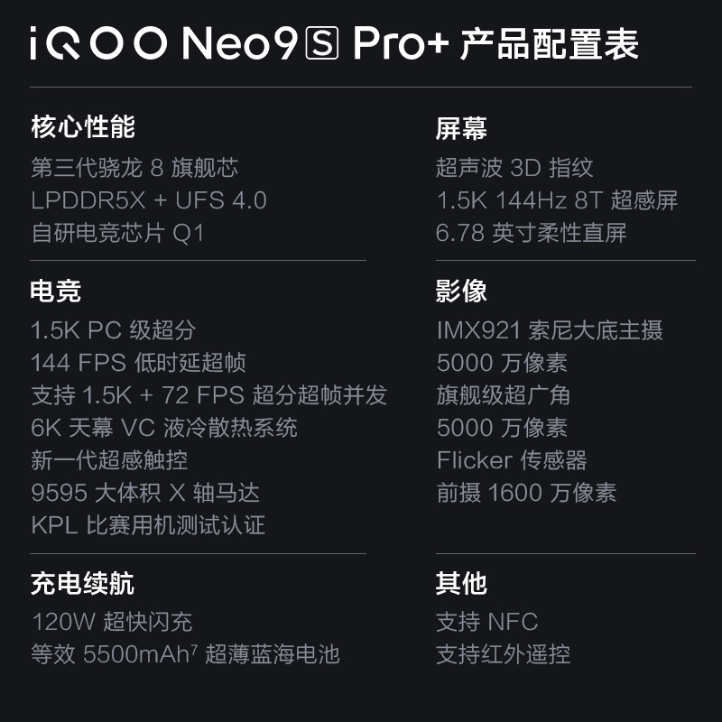 vivo iQOO Neo9S Pro+ 16GB+256GB 格斗黑 全网通5G新品手机第三代骁龙8搭配自研电竞芯片Q1双芯120W闪充拍照游戏学生电竞性能手机