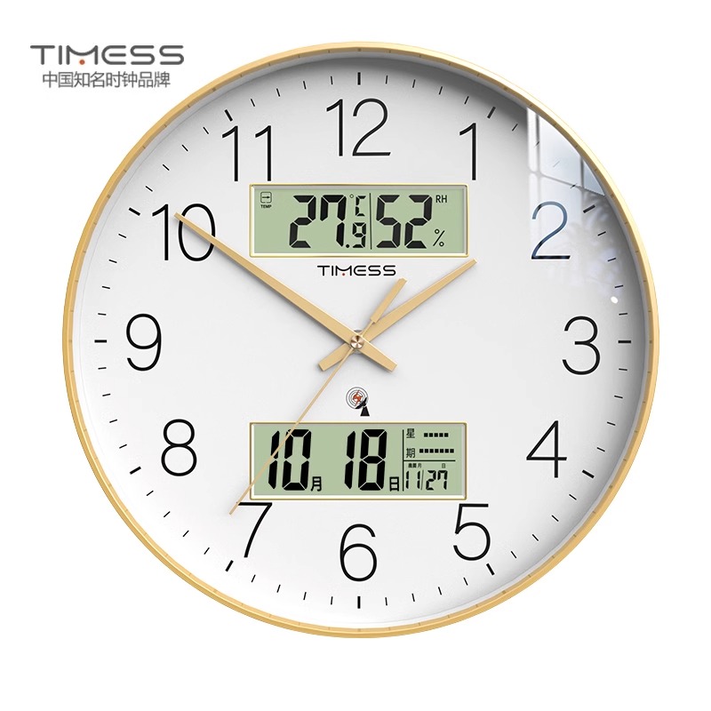 TIMESS自动对时闪波电波钟表挂墙家用客厅时钟免打孔石英挂钟 轻奢金【1秒自动对时+万年历+温湿度】 12英寸（直径30.5厘米）