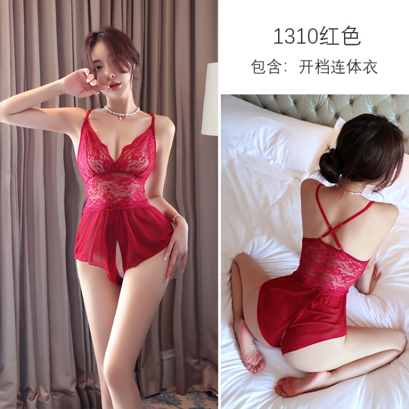 长夜漫漫情趣内衣女蕾丝透明诱惑性感开档免脱连体衣套装1310 红色 均码(80-120斤)