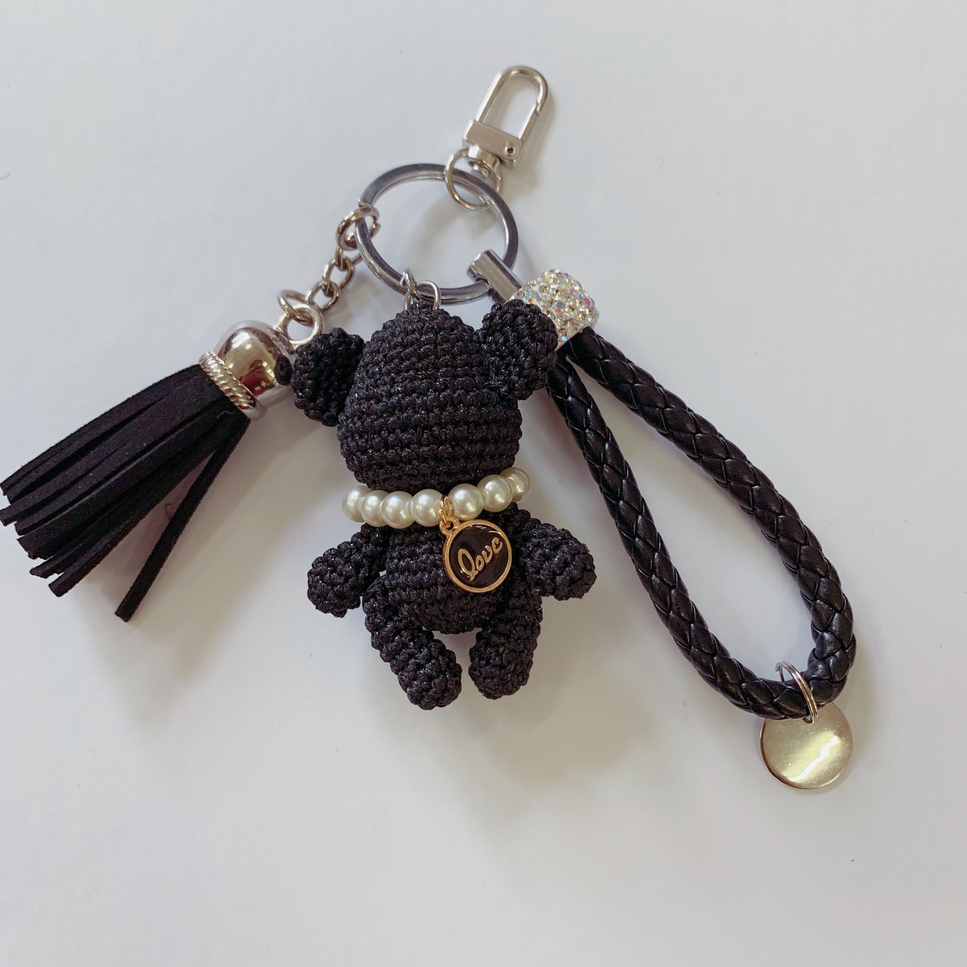 创意汽车钥匙扣男女手工编织小熊钥匙链可爱卡通车钥匙挂件礼品 白色