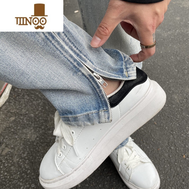 YANXU高街复古水洗浅色牛仔裤男潮牌修身显瘦小脚百搭拉链开衩长裤高清大图