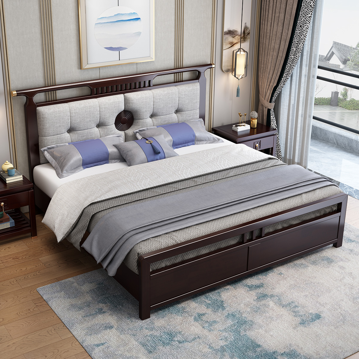 新中式橡胶木实木床1.