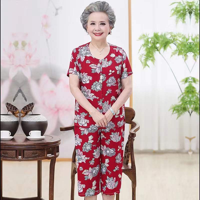 妈妈装夏装棉绸套装中老年人女装短袖开衫60岁70老太太绵绸奶奶装 莎丞图片