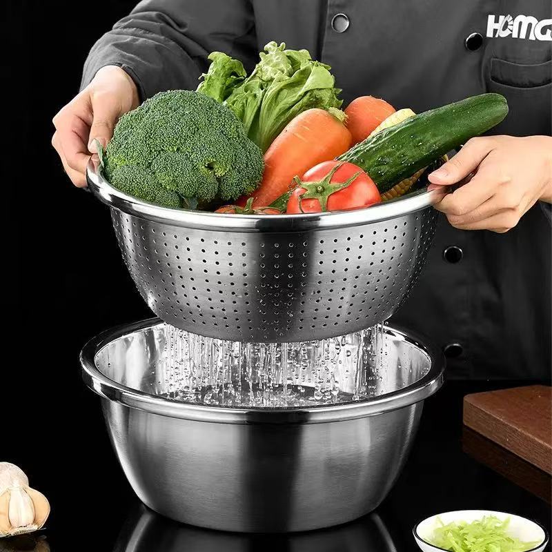 ccko304食品级欧式不锈钢盆洗菜盆沥水篮漏盆厨房家用滤水篮淘米篮子-特厚欧式盆两件套装18cm*1个