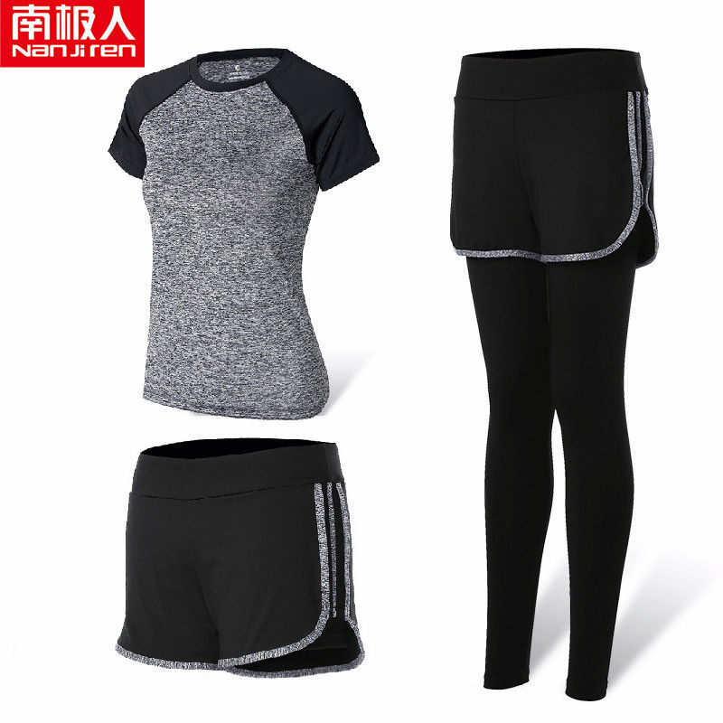 瑜伽服运动套装女春夏健身服跑步锻炼衣修身显瘦网红潮 黑袖麻灰【短裤+短袖+长裤】 XL【建议105-120斤】