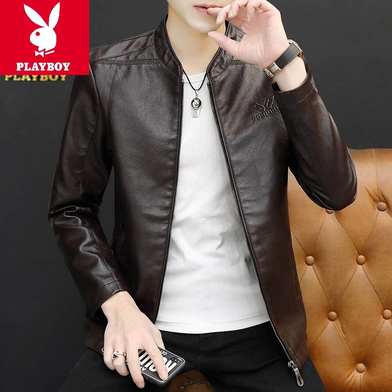 花花公子男装2024春秋款皮夹克男士修身薄款韩版立领PU皮衣外套机车服男图片
