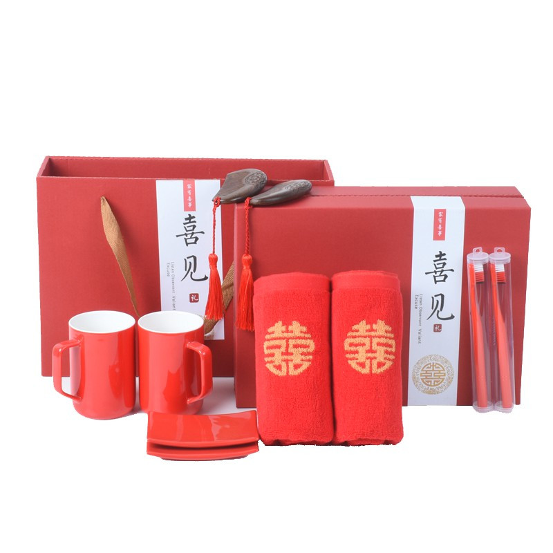 结婚侣洗漱牙杯陶瓷 漱口杯牙刷杯刷牙缸卫浴 大红色礼盒套装嫁妆 三维工匠 [年轮杯]囍见礼盒装[大镜子]洗漱杯