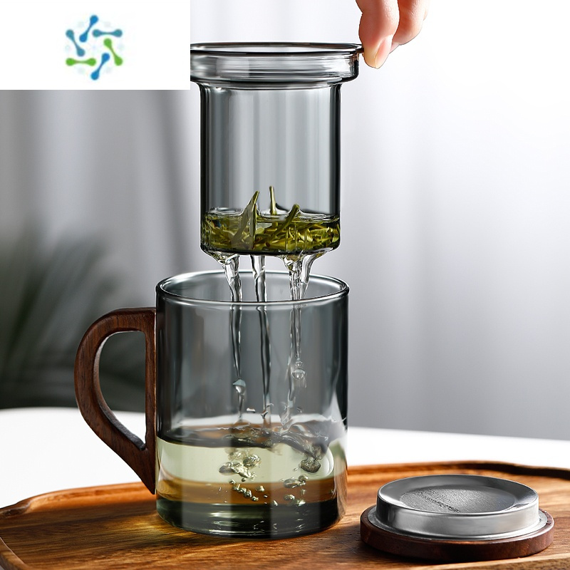 三维工匠加厚家用水杯耐热带盖把玻璃杯茶水分离泡茶杯子男女士过滤花