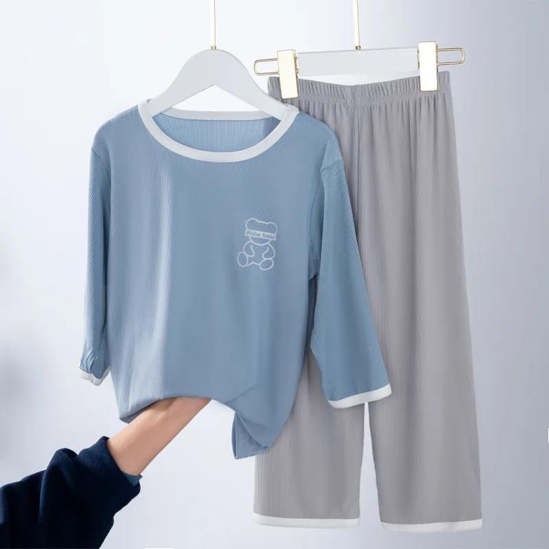 儿童家居服睡衣夏季男童七分袖长袖女童冰丝套装薄款中大童睡衣 莎丞