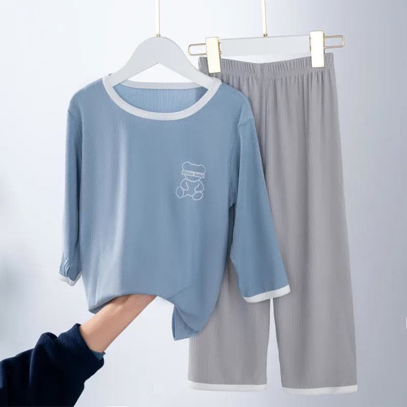 儿童家居服睡衣夏季男童七分袖长袖女童冰丝套装薄款中大童睡衣 莎丞图片