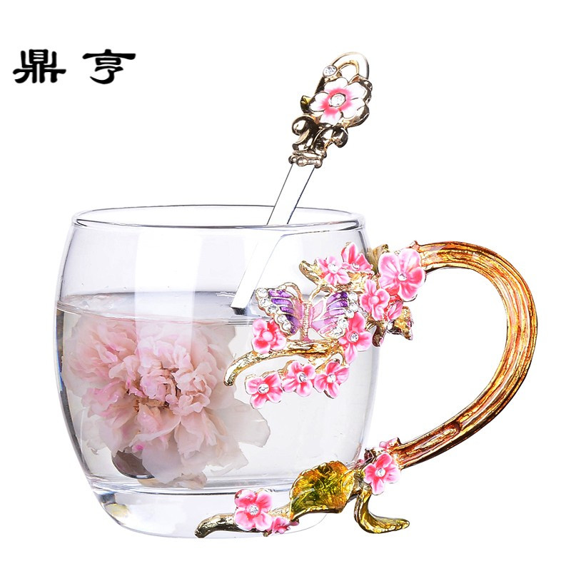 鼎亨创意粉兰梅珐琅彩花茶杯果汁杯子家用耐热玻璃水杯咖啡杯