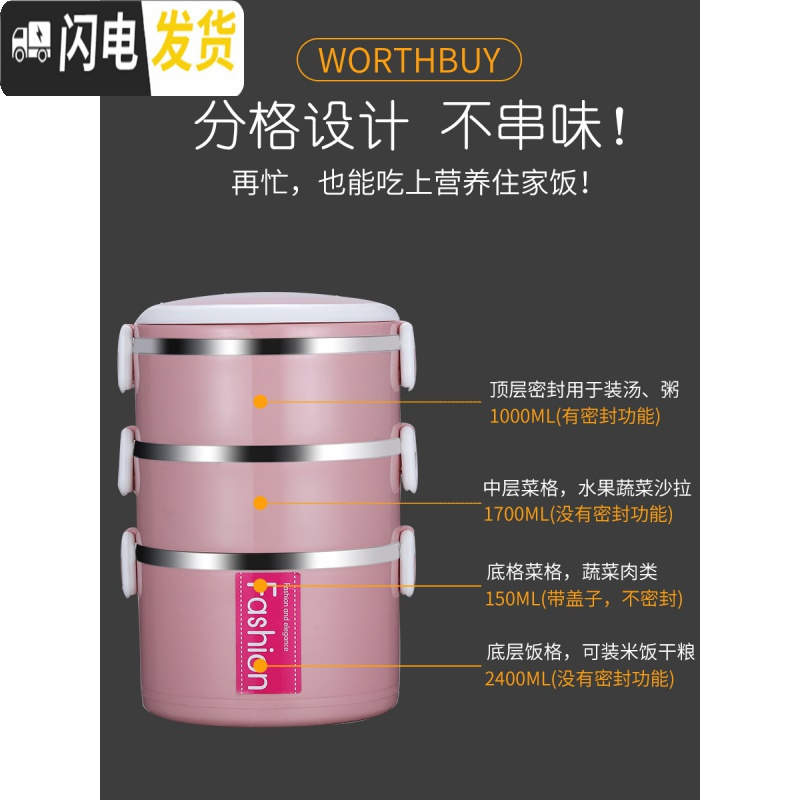 三维工匠多层饭盒套装上班族大容量不锈钢微波炉便当盒学生带饭餐盒保温桶 粉色[三层+不锈钢餐具]