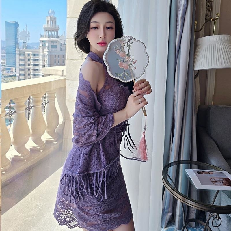 长夜漫漫情趣内衣性感新中式蕾丝立领旗袍纯欲辣妹紫色挂脖女1826Ayjo高清大图