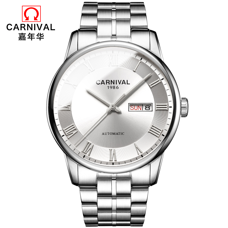嘉年华Carnival正品男表防水进口机芯全自动机械表 男士手表双日历时尚表钢带潮流休闲简约腕表新款806 银白钢带（进口机芯）