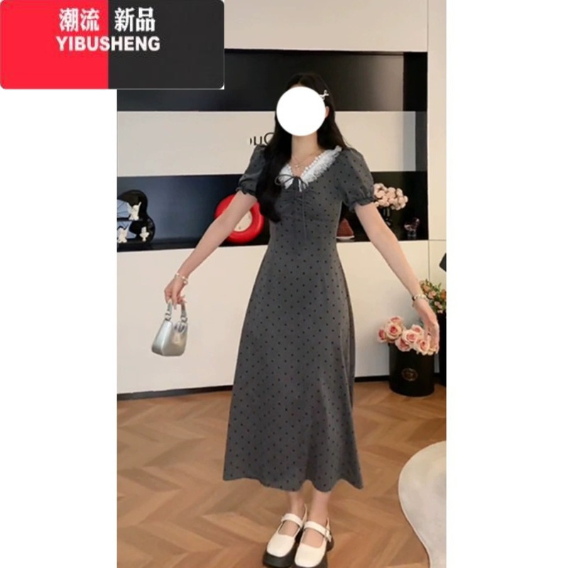 YIBUSHENG大码法式灰色波点连衣裙女季胖mm收腰显瘦遮肚子V领短袖长裙子