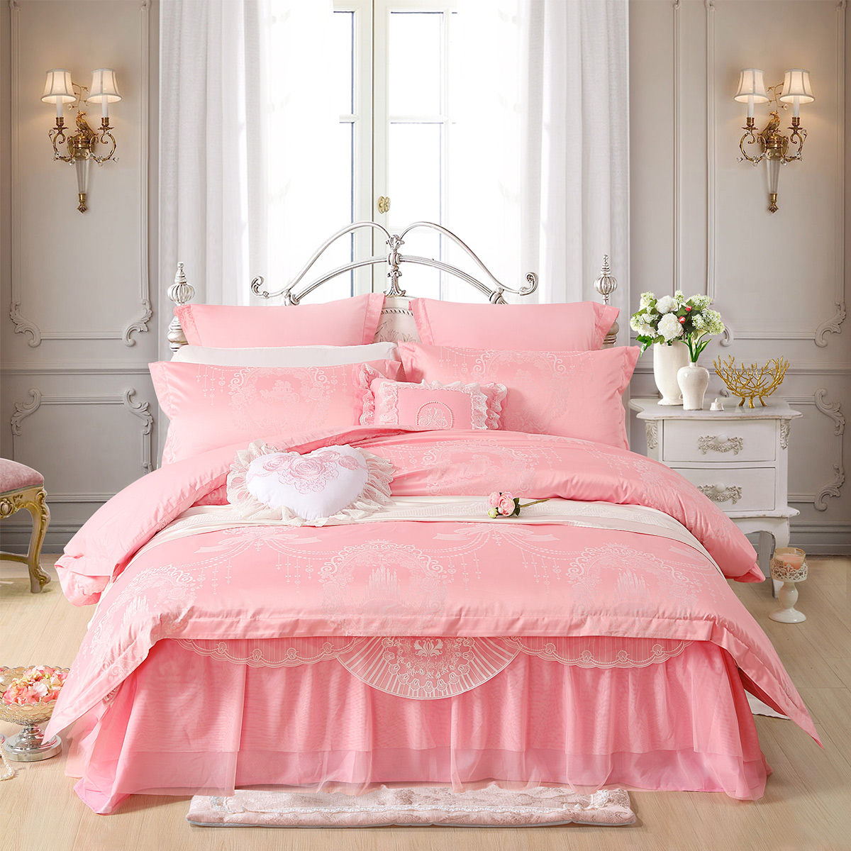 水星家纺mercury婚庆竹棉提花六件套18m床爱之嫁衣浪漫粉色结婚套件床