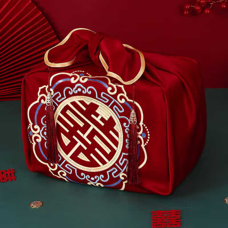 京溯源结婚包袱皮新娘备婚聚宝盆盖布中式烫画红布包裹皮陪嫁喜盆包裹布高清大图