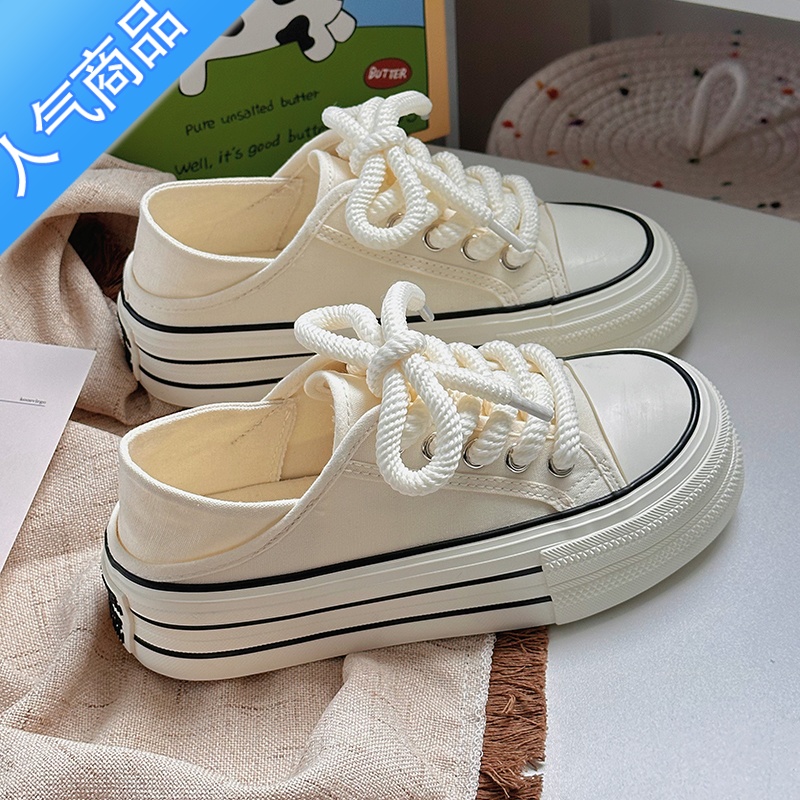 SUNTEK厚底帆布鞋女夏季2023新款小白鞋小众原创设计chic鞋子百搭休闲鞋 米色 39