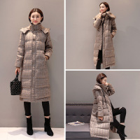 子沫雨JMOORY羽绒服女中长款2021冬装新款连帽白鸭绒时尚格子过膝真貉子毛加厚外套
