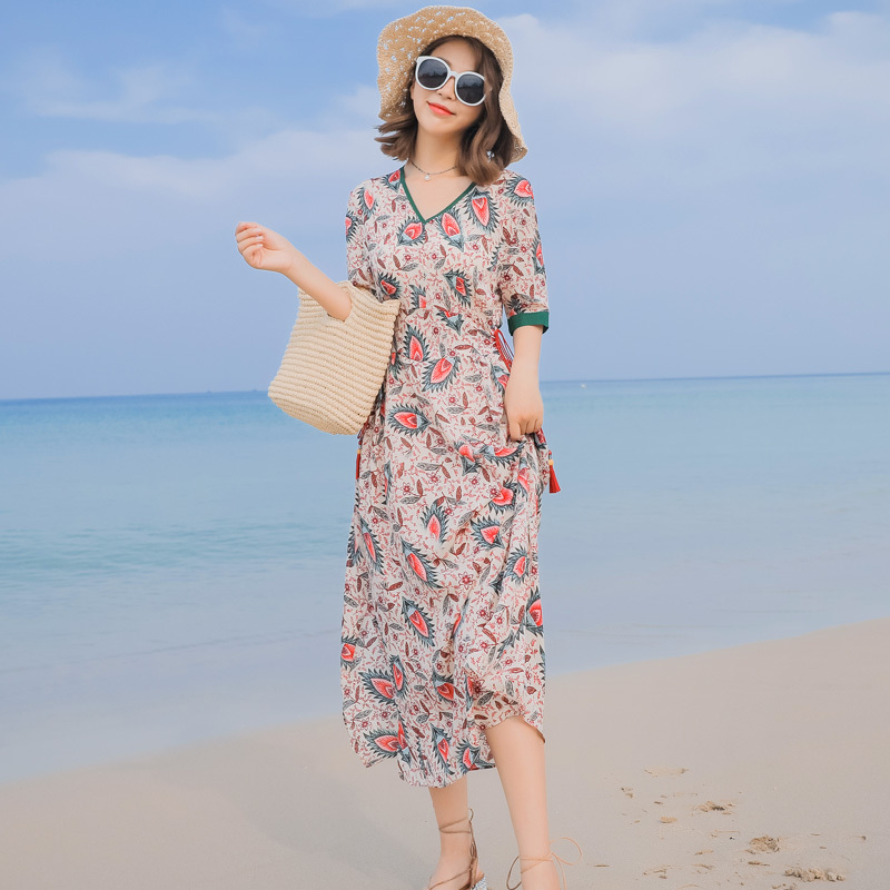 泰国风情长裙女夏海边度假碎花雪纺连衣裙女士新品波西米亚沙