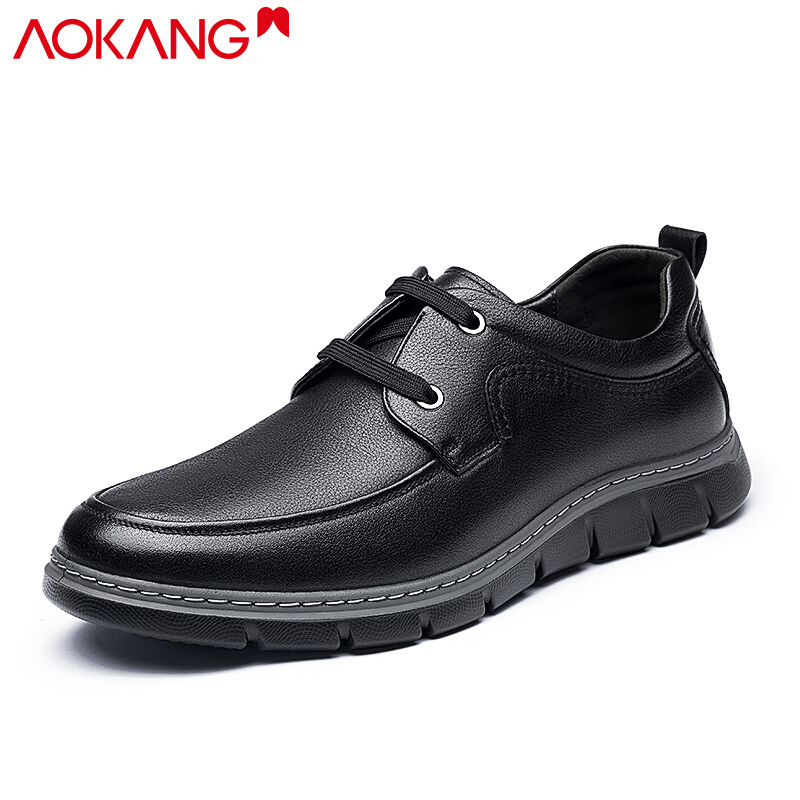 奥康男鞋春秋圆头皮鞋男士牛皮商务休闲鞋系带低帮工作鞋单鞋男 黑色 40