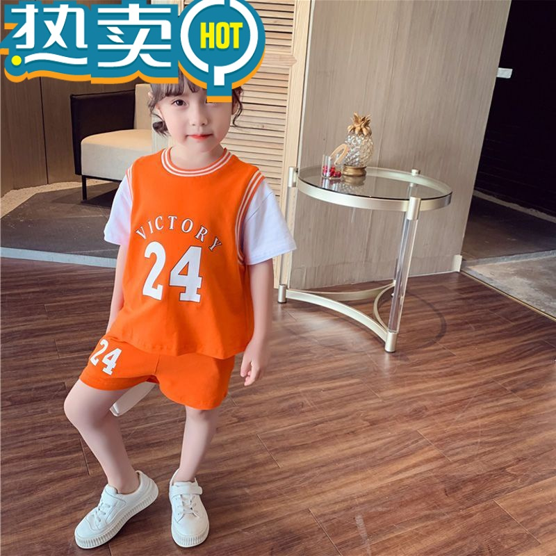 绿彩虹光儿童运动套装2023新款女童夏装洋气短袖T恤短裤两件套女孩球队服