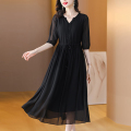 真丝桑蚕丝连衣裙女装夏季2023新款小个子年轻妈妈长裙子 L 7135黑色