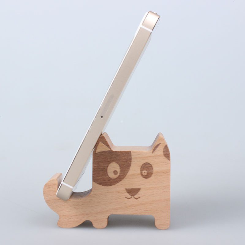 适用 实木手机支架 榉木手工手机座 卡通小狗木质手机托小狗手机架