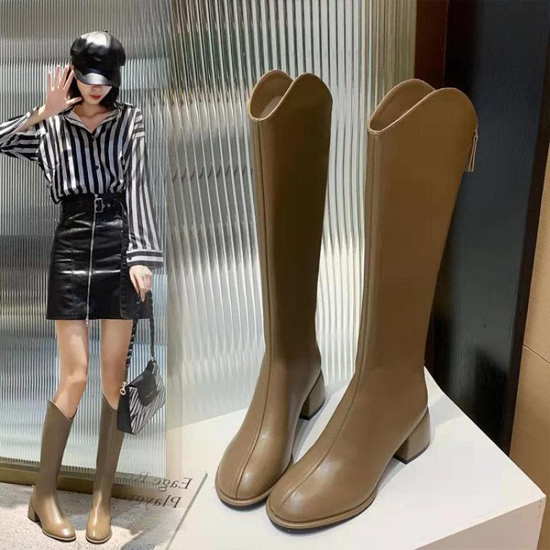 戈佳妮不过膝骑士靴女2023秋冬新款弹力靴显瘦长靴棕色粗跟小个子长筒靴图片