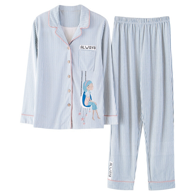 睡衣女士长袖纯棉春秋天全棉加大码秋冬季家居服薄款套装