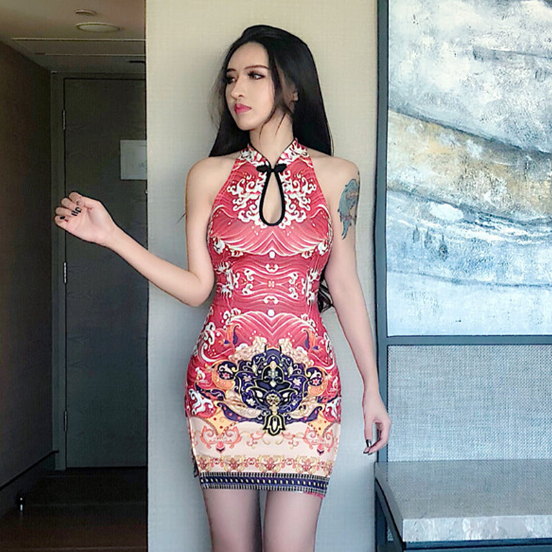 裙子女夏2018名媛复古印花图腾修身镂空显瘦开叉改良旗袍连衣裙潮花色