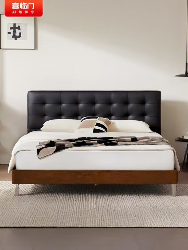 喜临门 - 黑白格皮床 头层牛皮实木床 双人中古风高脚大床高清大图