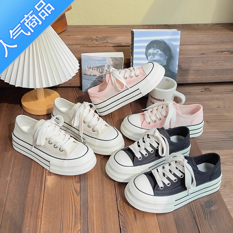 SUNTEK帆布鞋女2023新款夏季薄款透气网面鞋小众厚底增高休闲小白鞋高清大图