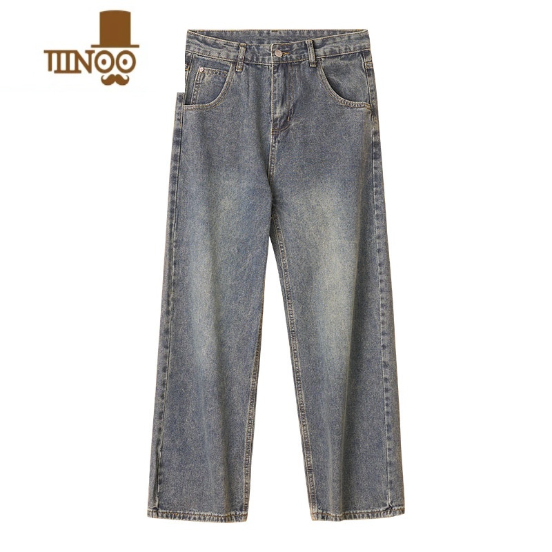 YANXU牛仔裤男直筒宽松美式复古做旧休闲阔腿百搭2022新款松新22高清大图