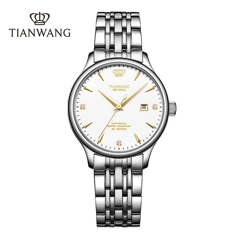 天王手表金标送福18K金皇冠logo女表商务休闲机械表钢带腕表5876