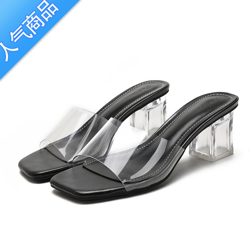 SUNTEK透明网红高跟鞋5cm粗跟夏季新款百搭性感气质水晶凉鞋女外穿拖鞋