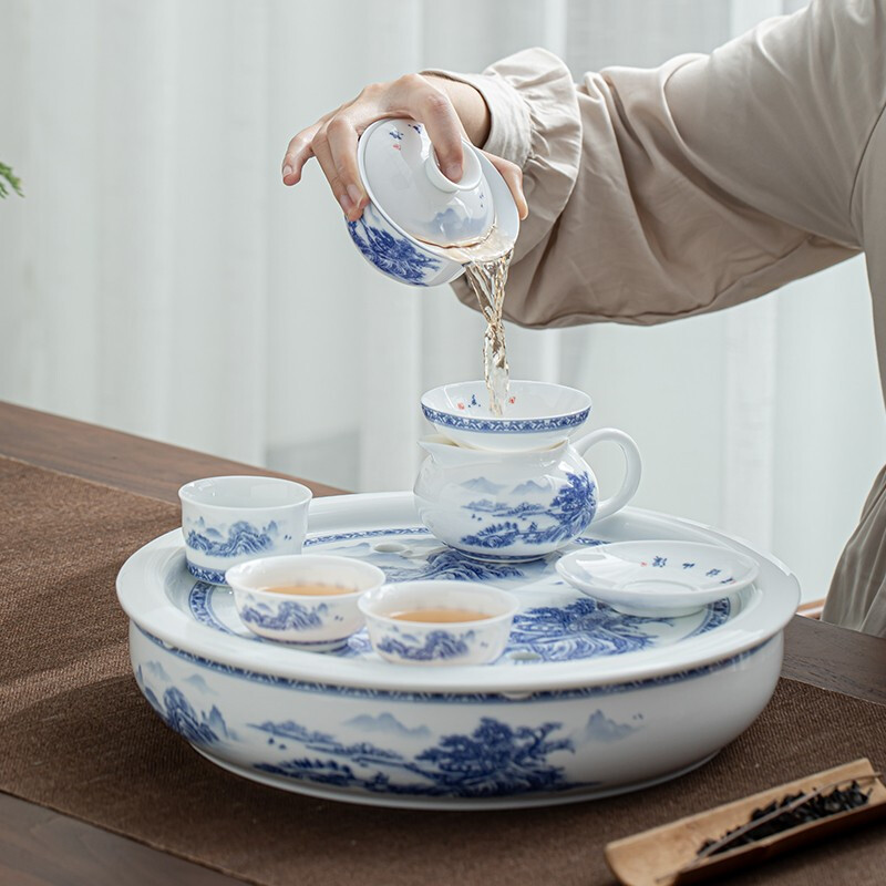 苏氏陶瓷/SUSHI CERAMICS J0429 国潮青花功夫茶具茶盘大套组陶瓷储水托盘三才盖碗(单位:套)高清大图