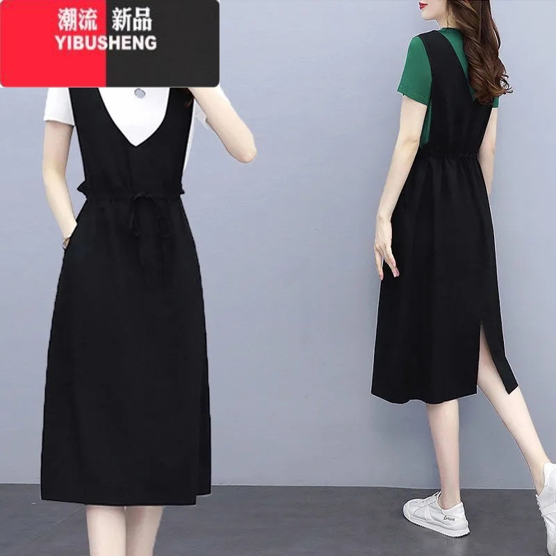 YIBUSHENG新款假两件背带裙子2022季新款大码女装撞色拼接中长款连衣裙潮高清大图