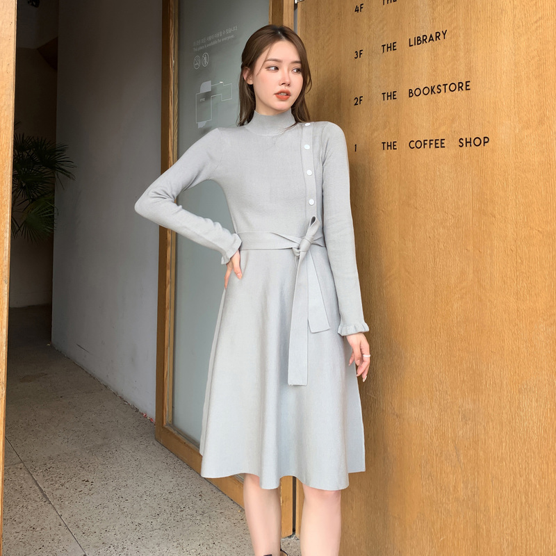 [2.5折价147元]唐狮秋冬新款百搭女针织中长款连衣裙修身显瘦韩版时尚潮