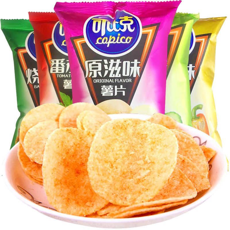 可比克 膨化食品 香辣味薯片 32gX5袋组合 (烤薯片灌装土豆片休闲膨化零食品包薯片)