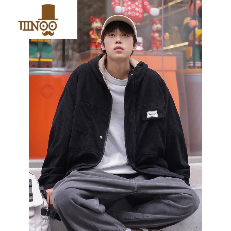 YANXU2023秋季新款工装外套男生款帅气学生灯芯绒连帽夹克高清大图
