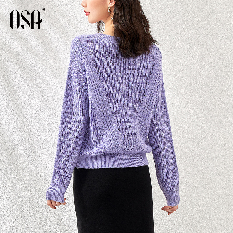 OSA秋季紫色宽松套头毛衣女秋冬外穿2020年新款慵懒风针织衫上衣