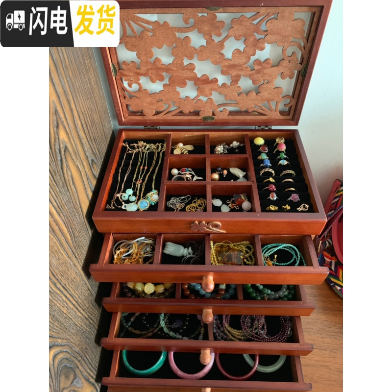 三维工匠木质首饰盒女实木公主欧式韩国珠宝手饰品古风首饰盒收纳盒大容量高清大图