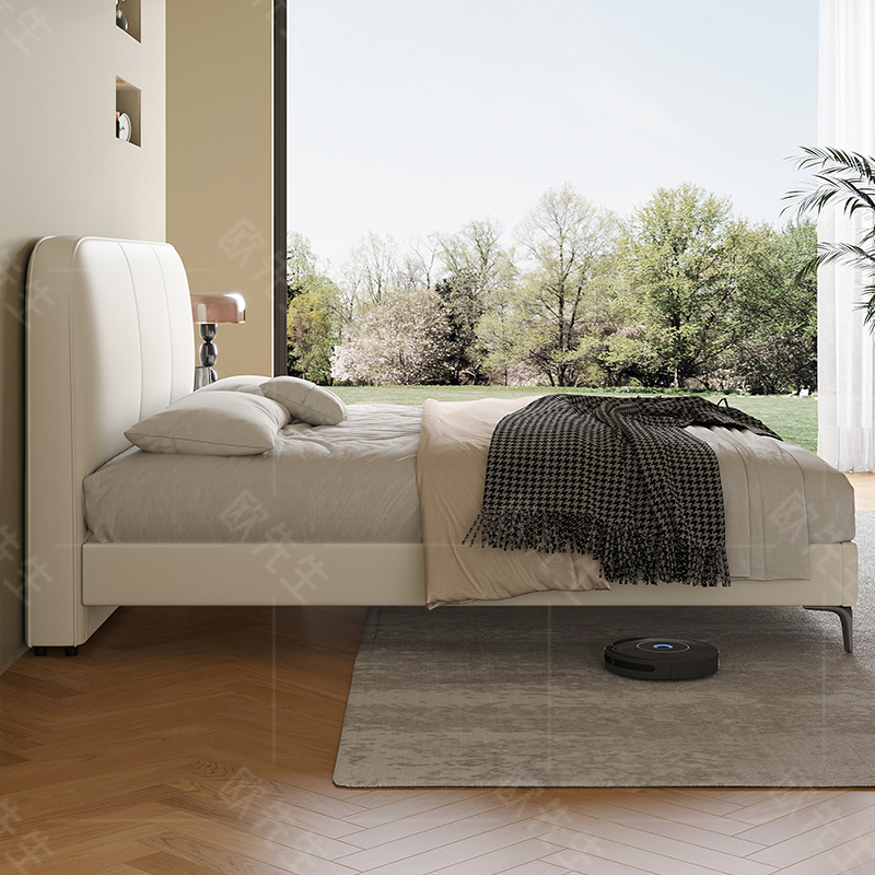 豆腐块头层牛皮床主卧次卧双人大床实木真皮极简婚床高清大图