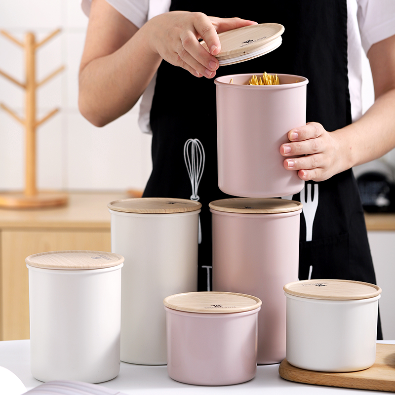 家柏饰(CORATED)简约木盖密封罐子储物罐塑料防潮茶叶食品饼干果盒零食杂粮收纳瓶 白色-1200ml高清大图