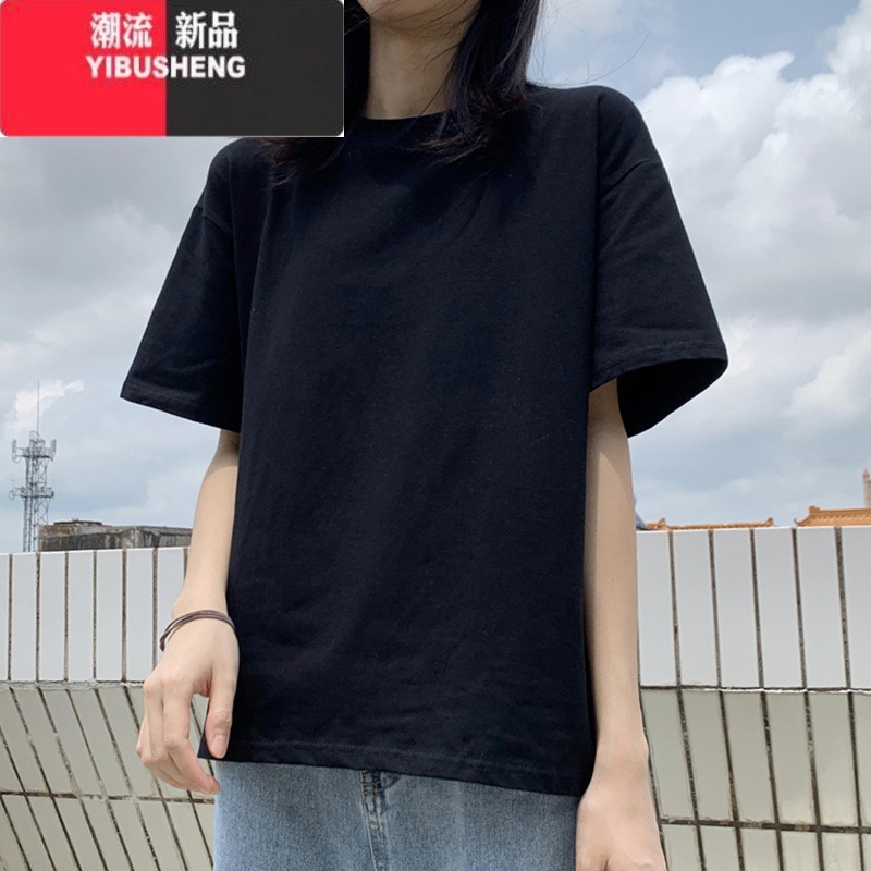 YIBUSHENG棉质装短袖t恤女黑色宽松显瘦半袖大码韩版2023新款上衣服ins潮高清大图