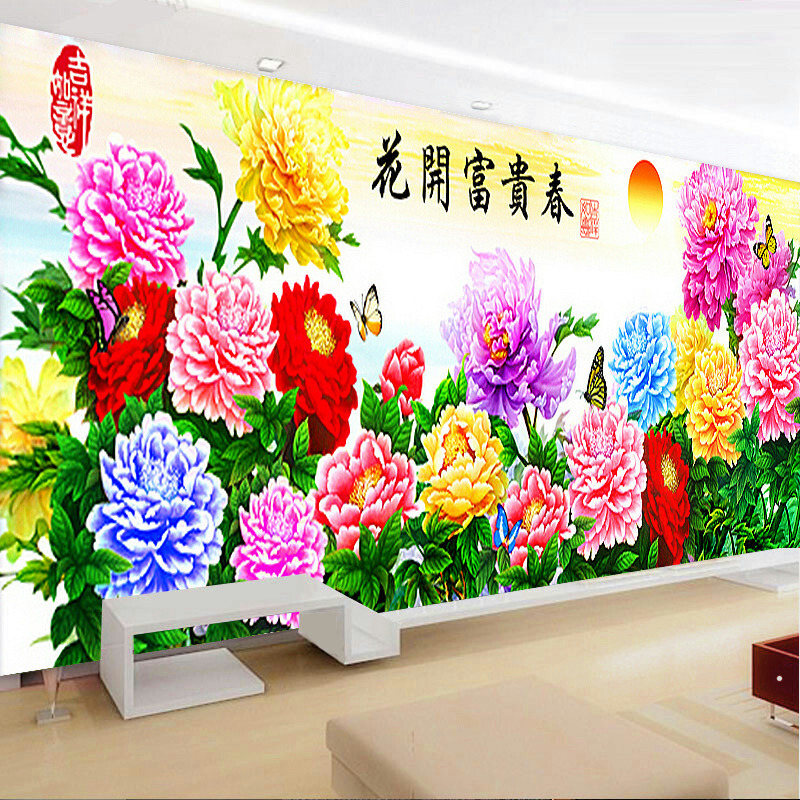2018花开富贵牡丹图新款手工刺绣Diy印花十字绣线绣客厅棉线情侣款绣花满绣卧室餐厅挂画花简单大幅满绣(棉线)尺寸145