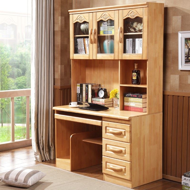 青木川实木书桌带书柜书架组合一体转角书桌电脑桌台式家用12米14米小