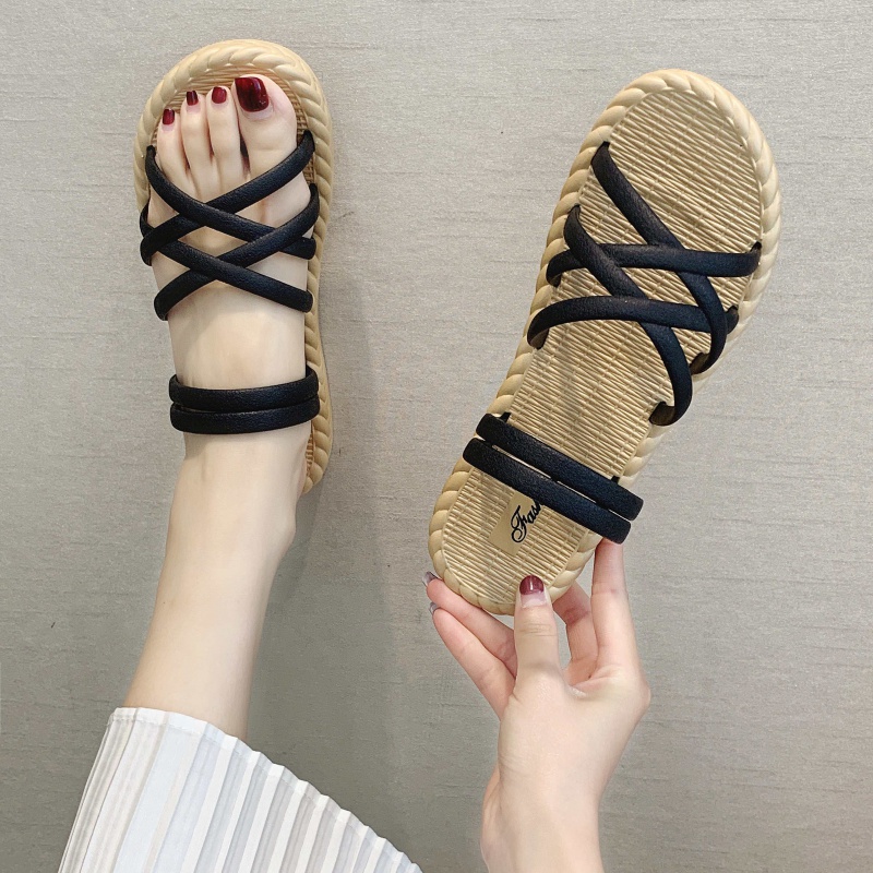 凉拖鞋女外新款夏季时尚平底韩版两穿网红罗马凉鞋厚底沙滩女高清大图